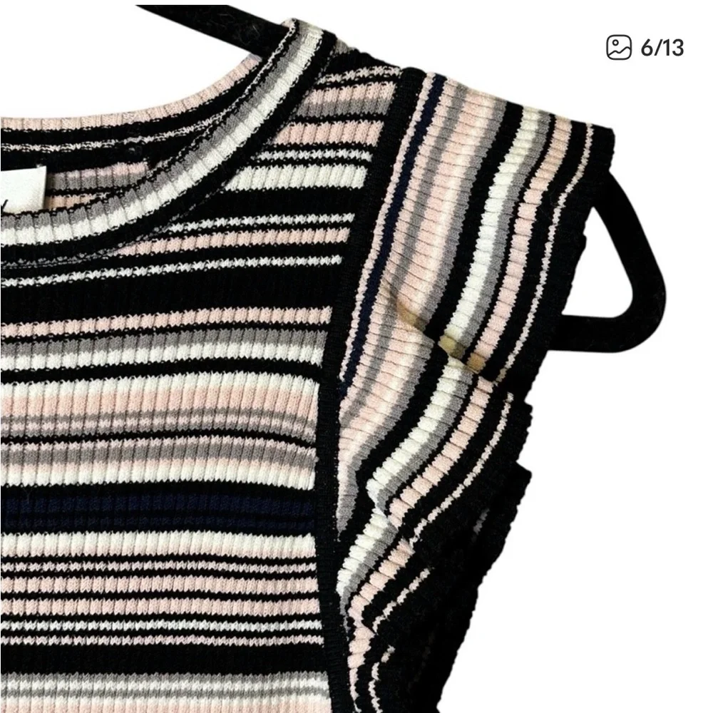 Milly Black Pink White Striped Ribbed Ruffle Hem Midi Dress - Picture 7 of 9